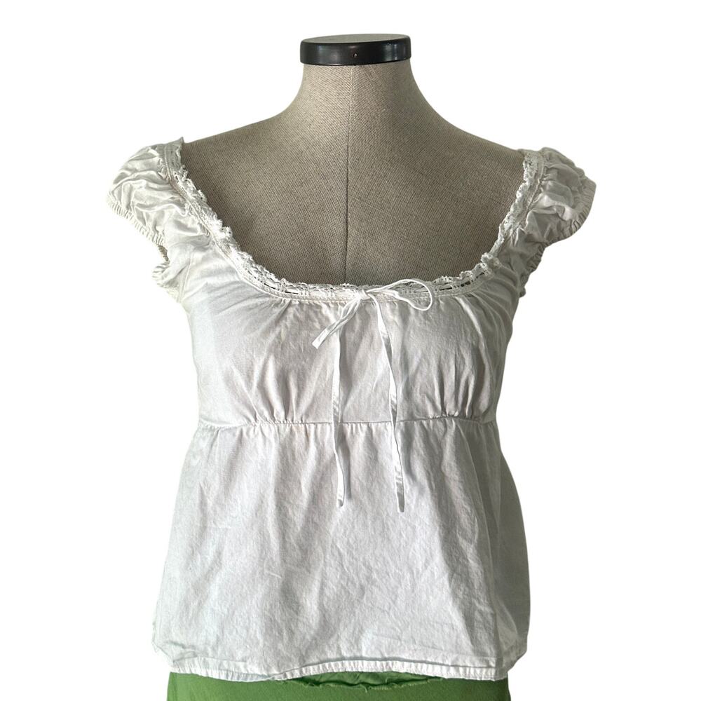 Brandy Melville White Cotton Cottagecore Peplum Tie Back Coquette Cap Sleeve Top